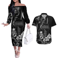 Black Hafa Adai Guam Couples Matching Off The Shoulder Long Sleeve Dress and Hawaiian Shirt Chamorro Latte Stone Hand With Plumeria LT14 Black - Polynesian Pride