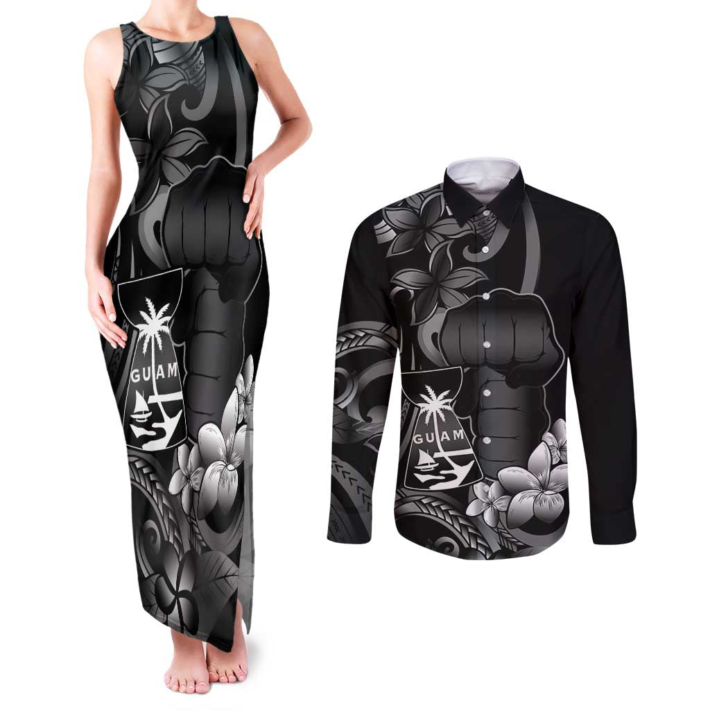 Black Hafa Adai Guam Couples Matching Tank Maxi Dress and Long Sleeve Button Shirt Chamorro Latte Stone Hand With Plumeria