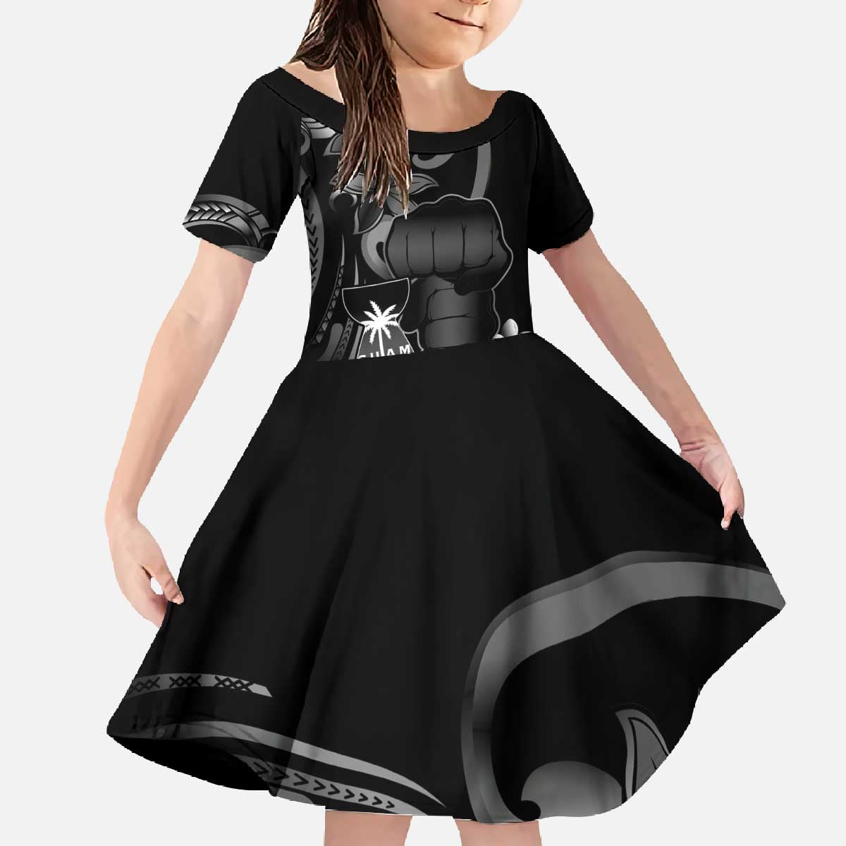 Black Hafa Adai Guam Family Matching Off The Shoulder Long Sleeve Dress and Hawaiian Shirt Chamorro Latte Stone Hand With Plumeria LT14 Daughter's Dress Black - Polynesian Pride