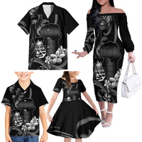 Black Hafa Adai Guam Family Matching Off The Shoulder Long Sleeve Dress and Hawaiian Shirt Chamorro Latte Stone Hand With Plumeria LT14 - Polynesian Pride