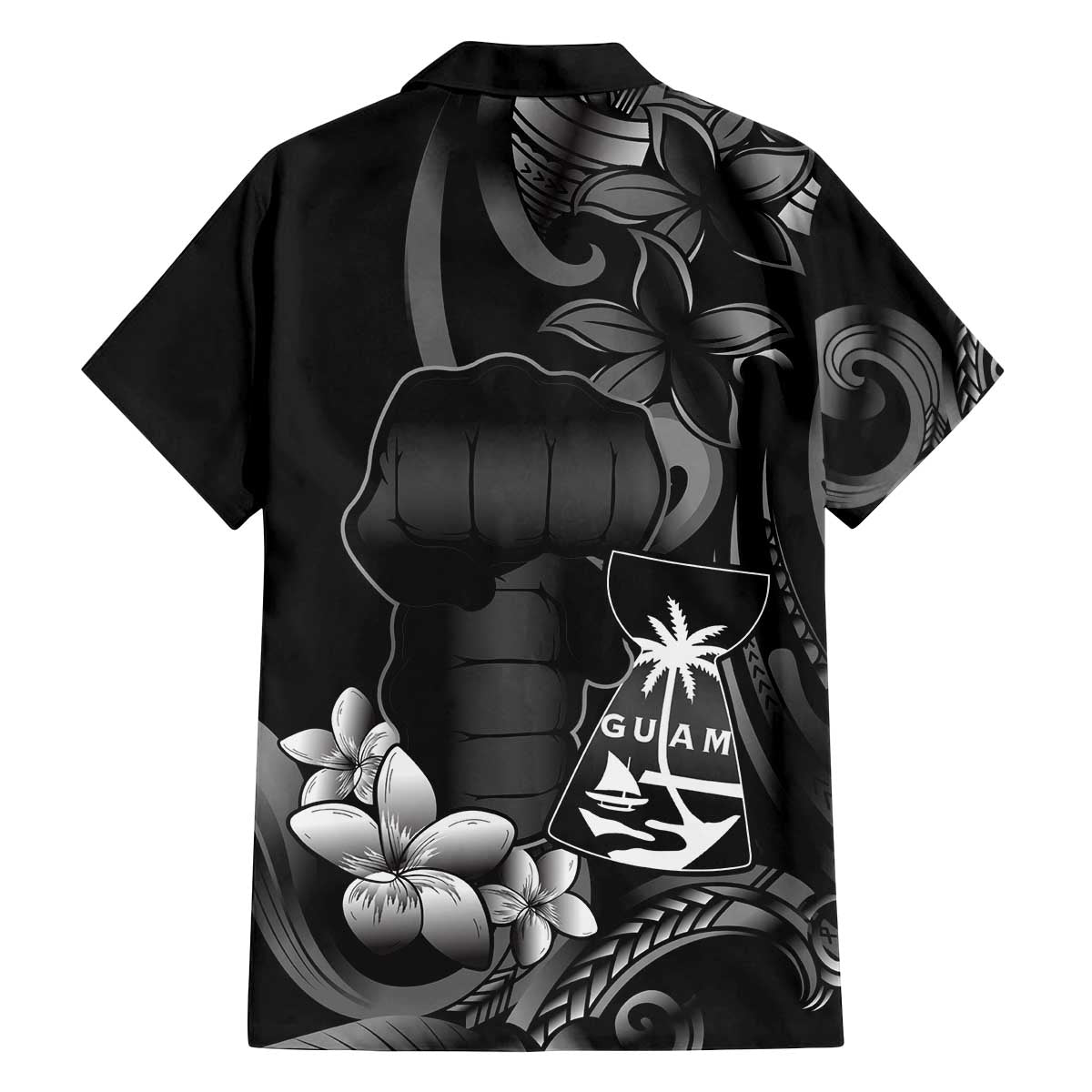 Black Hafa Adai Guam Family Matching Off The Shoulder Long Sleeve Dress and Hawaiian Shirt Chamorro Latte Stone Hand With Plumeria LT14 - Polynesian Pride