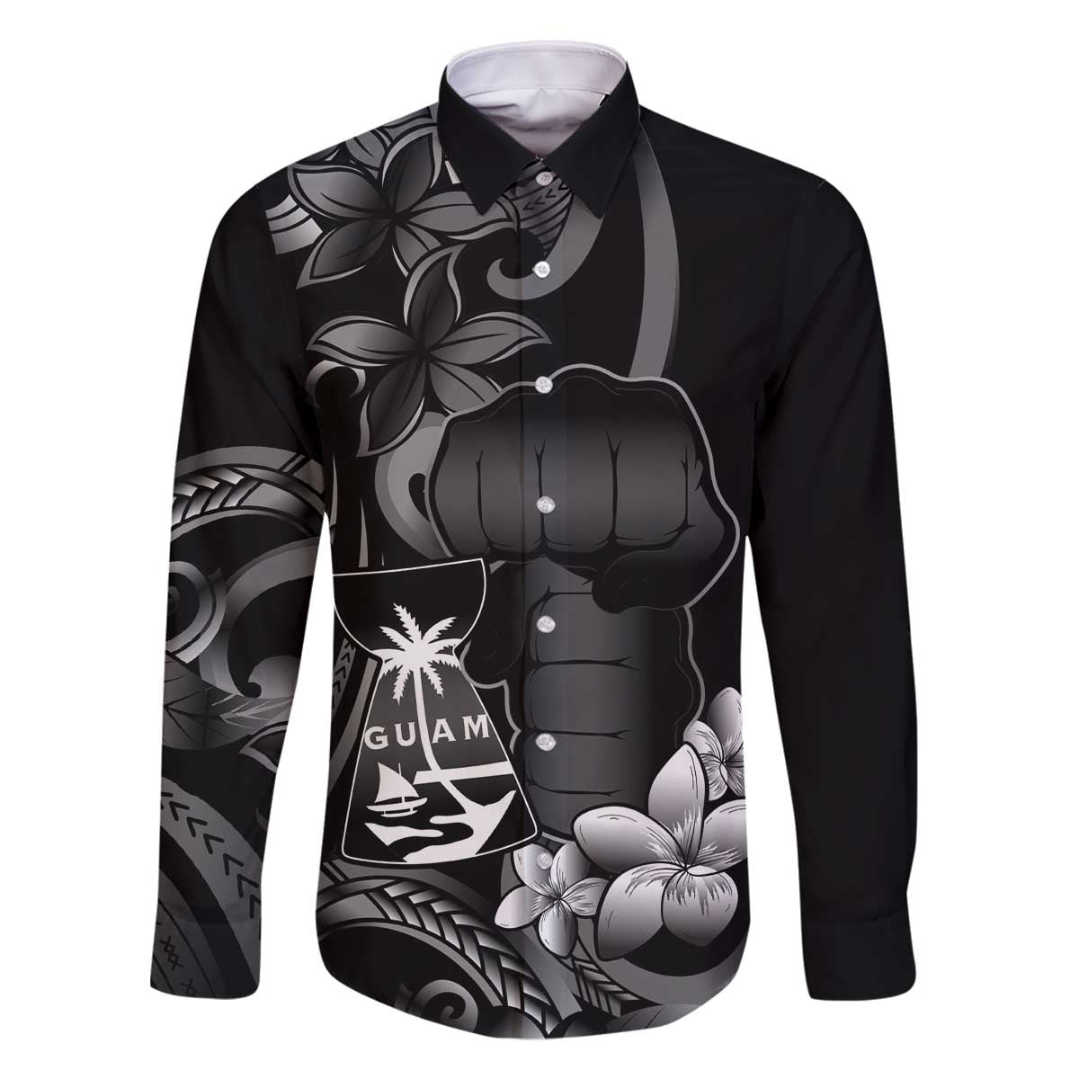 Black Hafa Adai Guam Family Matching Off The Shoulder Long Sleeve Dress and Hawaiian Shirt Chamorro Latte Stone Hand With Plumeria LT14 Dad's Shirt - Long Sleeve Black - Polynesian Pride