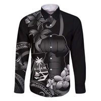 Black Hafa Adai Guam Family Matching Off The Shoulder Long Sleeve Dress and Hawaiian Shirt Chamorro Latte Stone Hand With Plumeria LT14 Dad's Shirt - Long Sleeve Black - Polynesian Pride