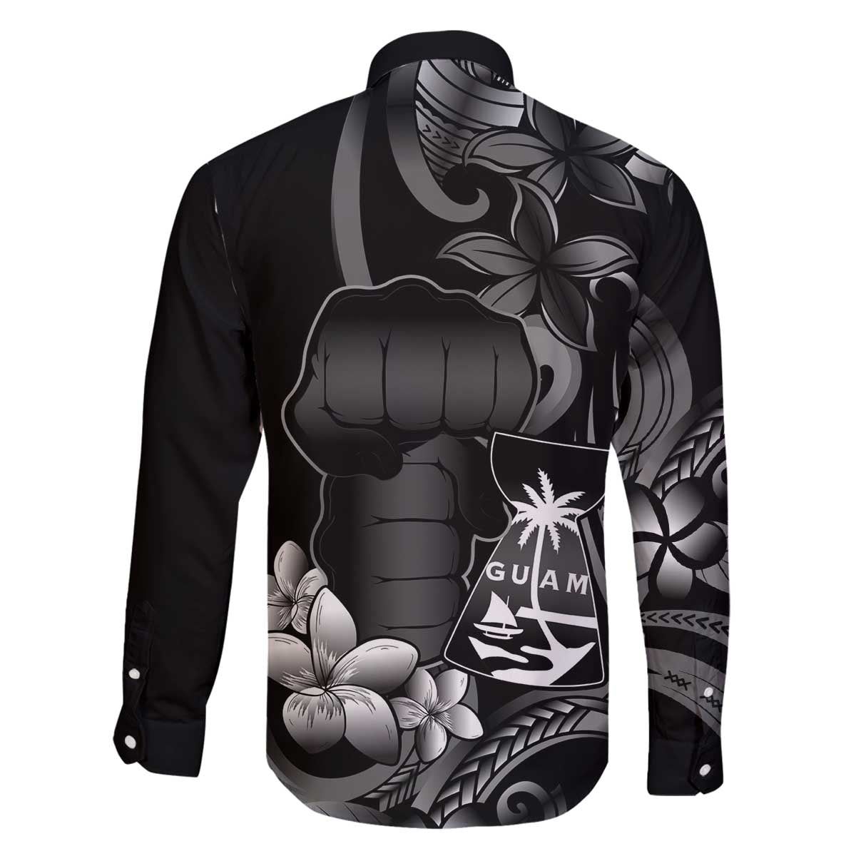 Black Hafa Adai Guam Family Matching Off The Shoulder Long Sleeve Dress and Hawaiian Shirt Chamorro Latte Stone Hand With Plumeria LT14 - Polynesian Pride