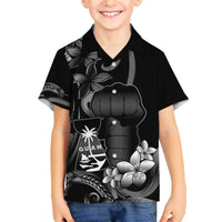 Black Hafa Adai Guam Family Matching Off The Shoulder Long Sleeve Dress and Hawaiian Shirt Chamorro Latte Stone Hand With Plumeria LT14 Son's Shirt Black - Polynesian Pride