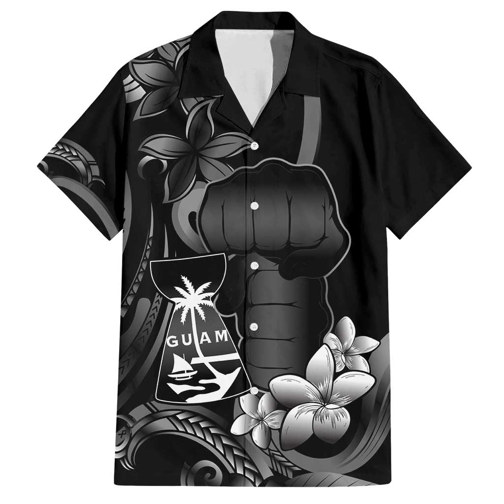 Black Hafa Adai Guam Family Matching Off Shoulder Short Dress and Hawaiian Shirt Chamorro Latte Stone Hand With Plumeria