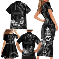 Black Hafa Adai Guam Family Matching Short Sleeve Bodycon Dress and Hawaiian Shirt Chamorro Latte Stone Hand With Plumeria LT14 - Polynesian Pride