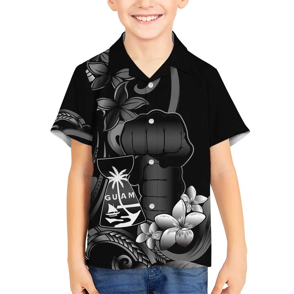 Black Hafa Adai Guam Family Matching Short Sleeve Bodycon Dress and Hawaiian Shirt Chamorro Latte Stone Hand With Plumeria LT14 Son's Shirt Black - Polynesian Pride