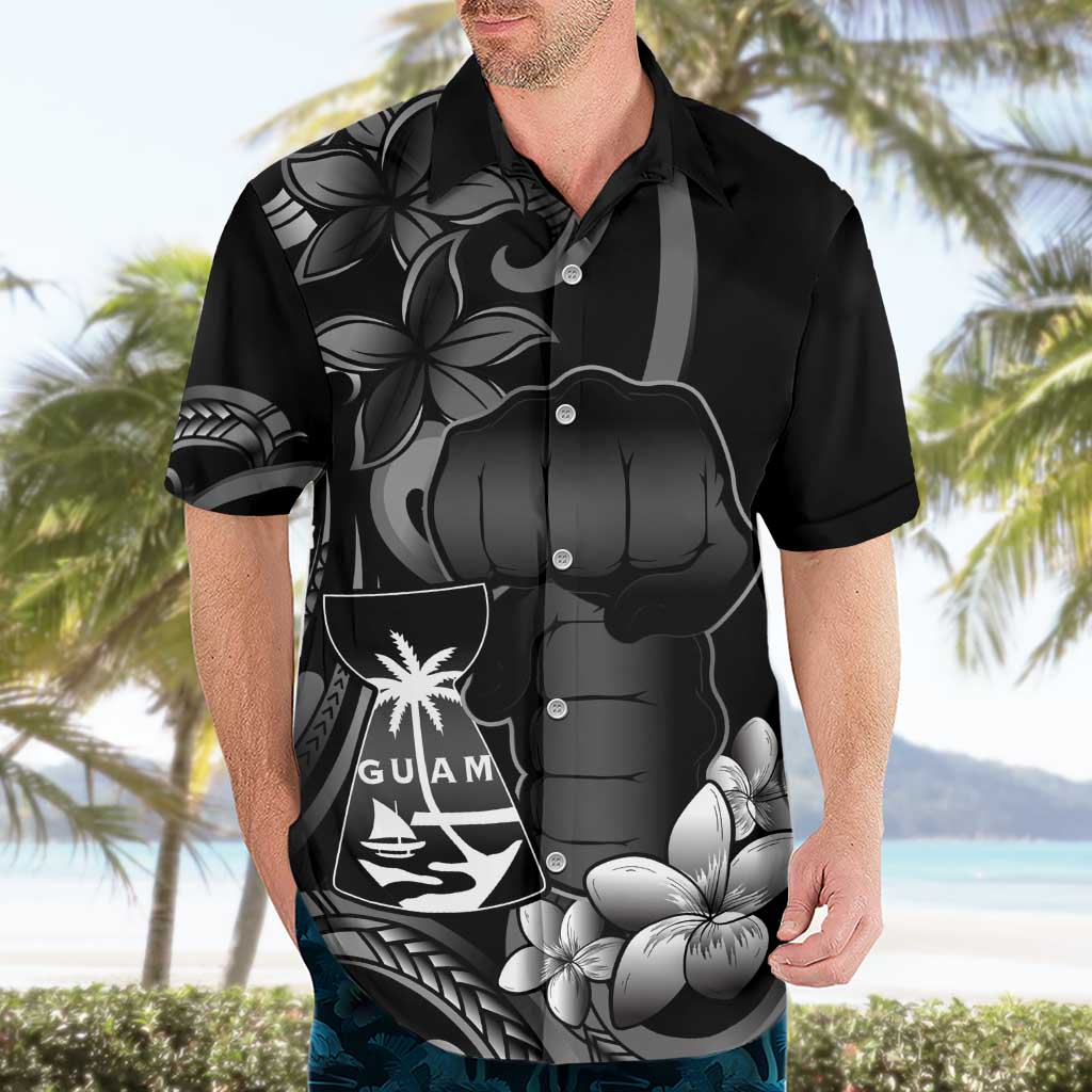 Black Hafa Adai Guam Hawaiian Shirt Chamorro Latte Stone Hand With Plumeria