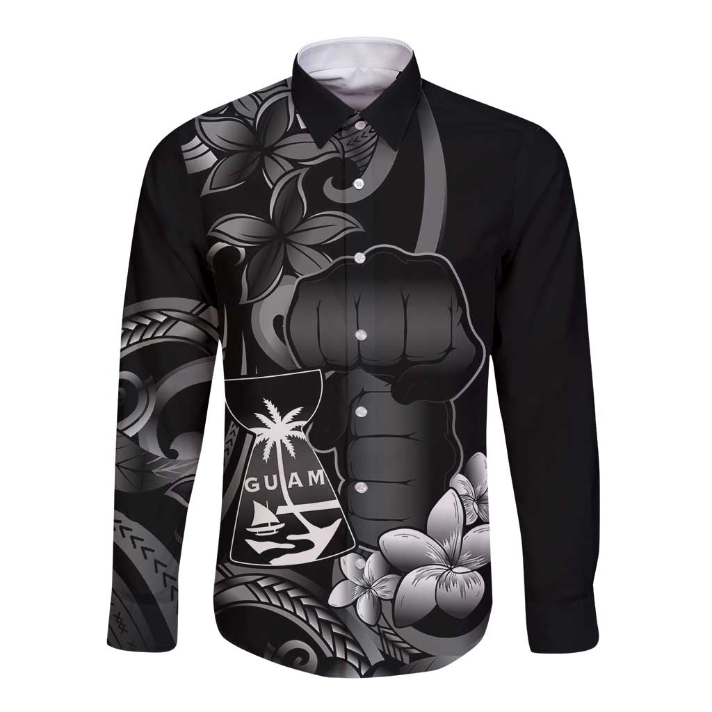 Black Hafa Adai Guam Long Sleeve Button Shirt Chamorro Latte Stone Hand With Plumeria