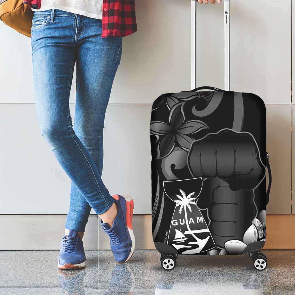 Black Hafa Adai Guam Luggage Cover Chamorro Latte Stone Hand With Plumeria