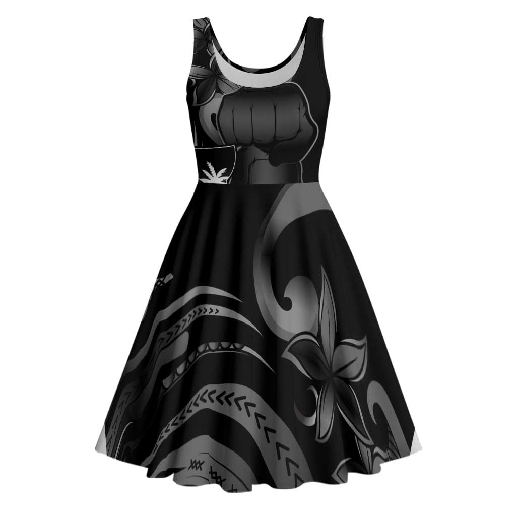 Black Hafa Adai Guam Midi Dress Chamorro Latte Stone Hand With Plumeria - Polynesian Pride