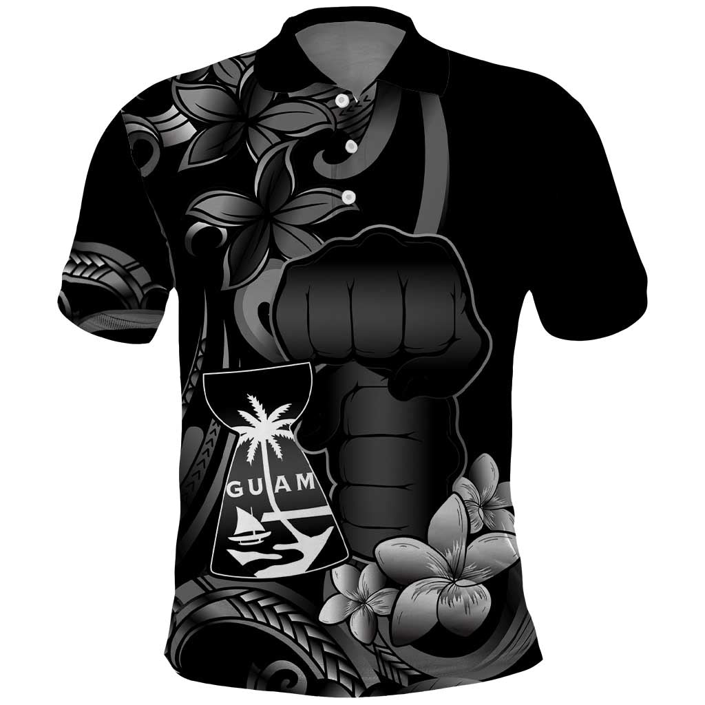 Black Hafa Adai Guam Polo Shirt Chamorro Latte Stone Hand With Plumeria LT14 Black - Polynesian Pride