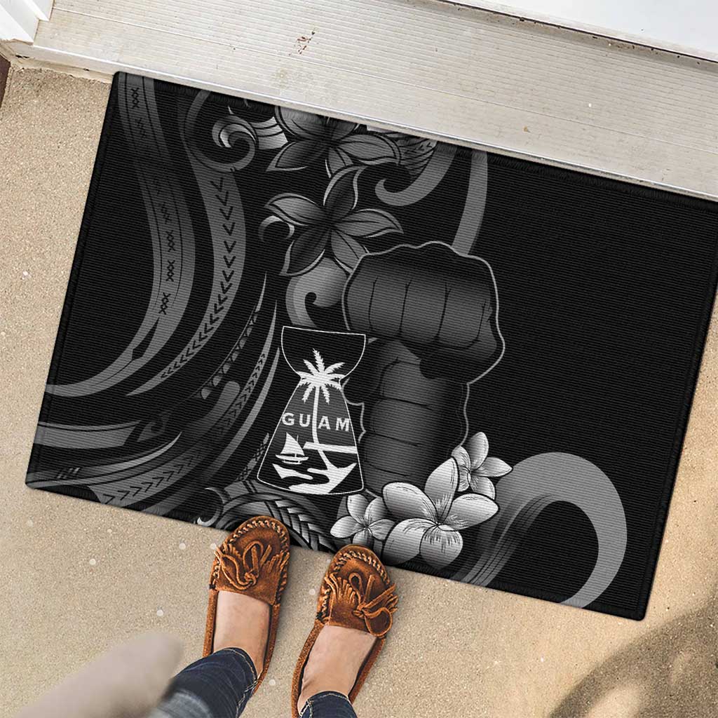 Black Hafa Adai Guam Rubber Doormat Chamorro Latte Stone Hand With Plumeria