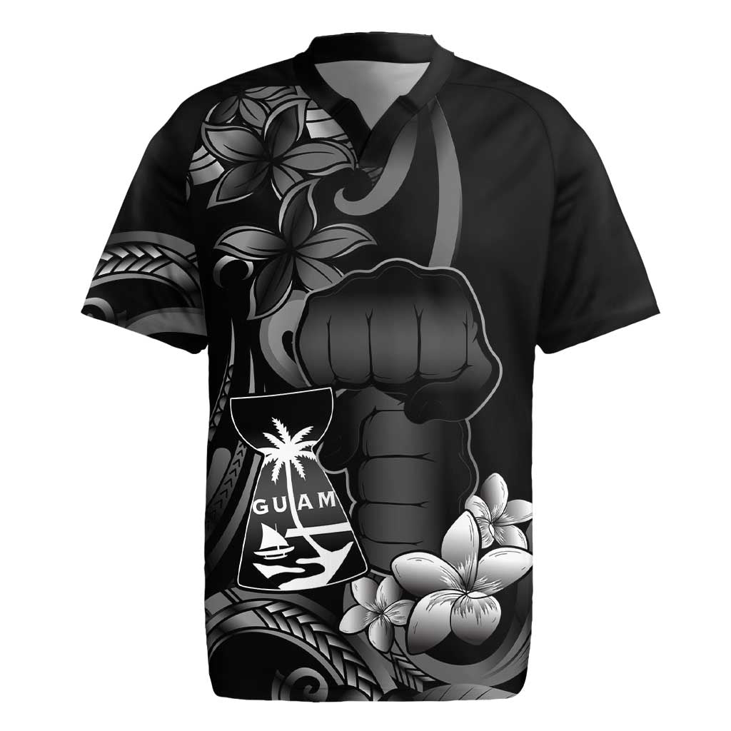 Black Hafa Adai Guam Rugby Jersey Chamorro Latte Stone Hand With Plumeria