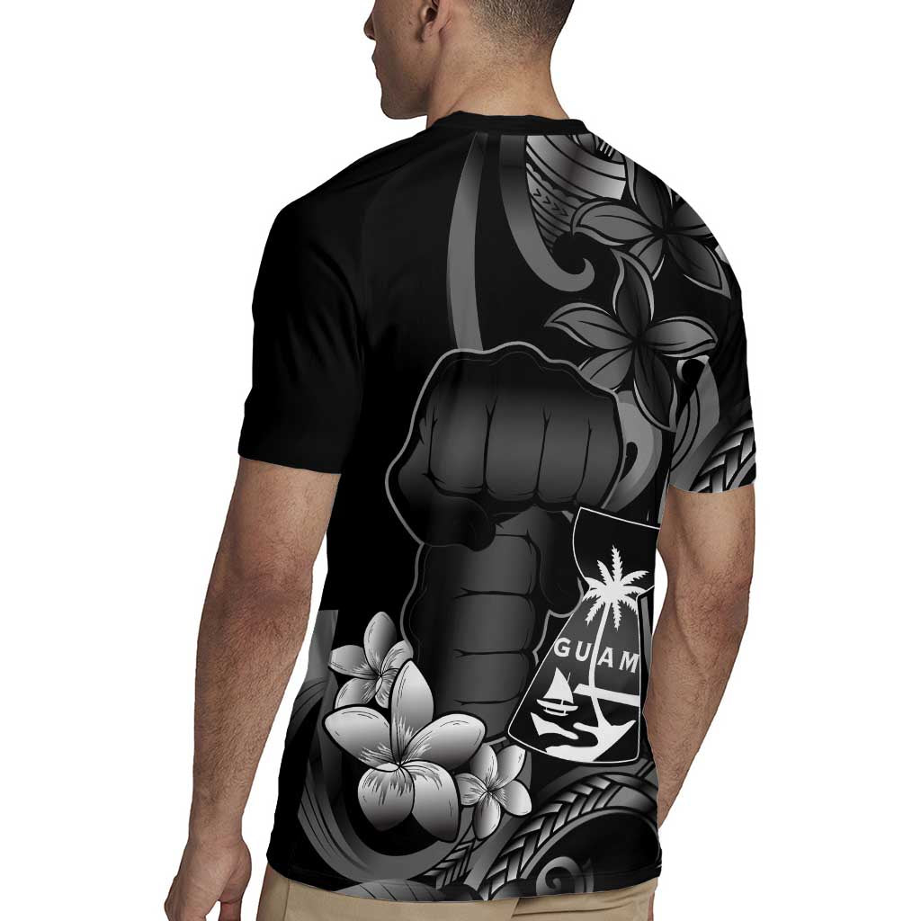 Black Hafa Adai Guam Rugby Jersey Chamorro Latte Stone Hand With Plumeria