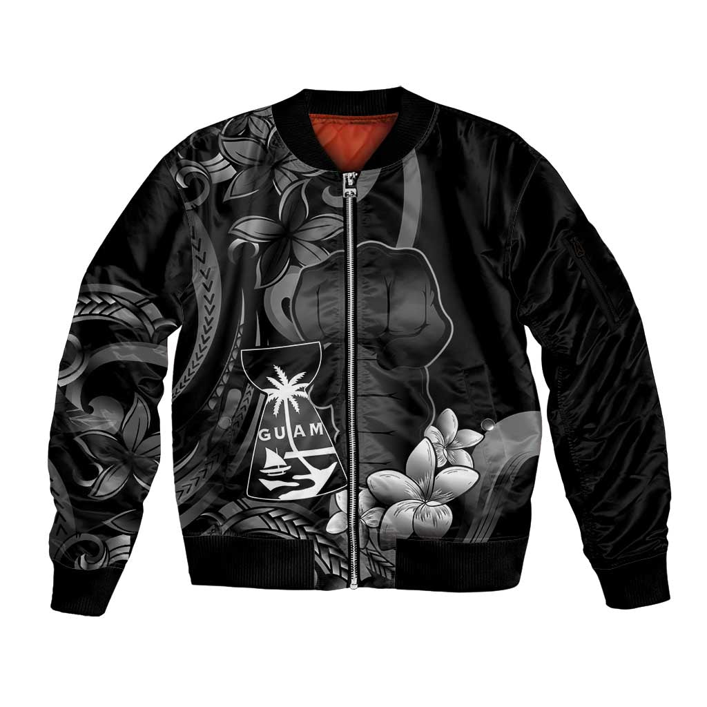 Black Hafa Adai Guam Sleeve Zip Bomber Jacket Chamorro Latte Stone Hand With Plumeria