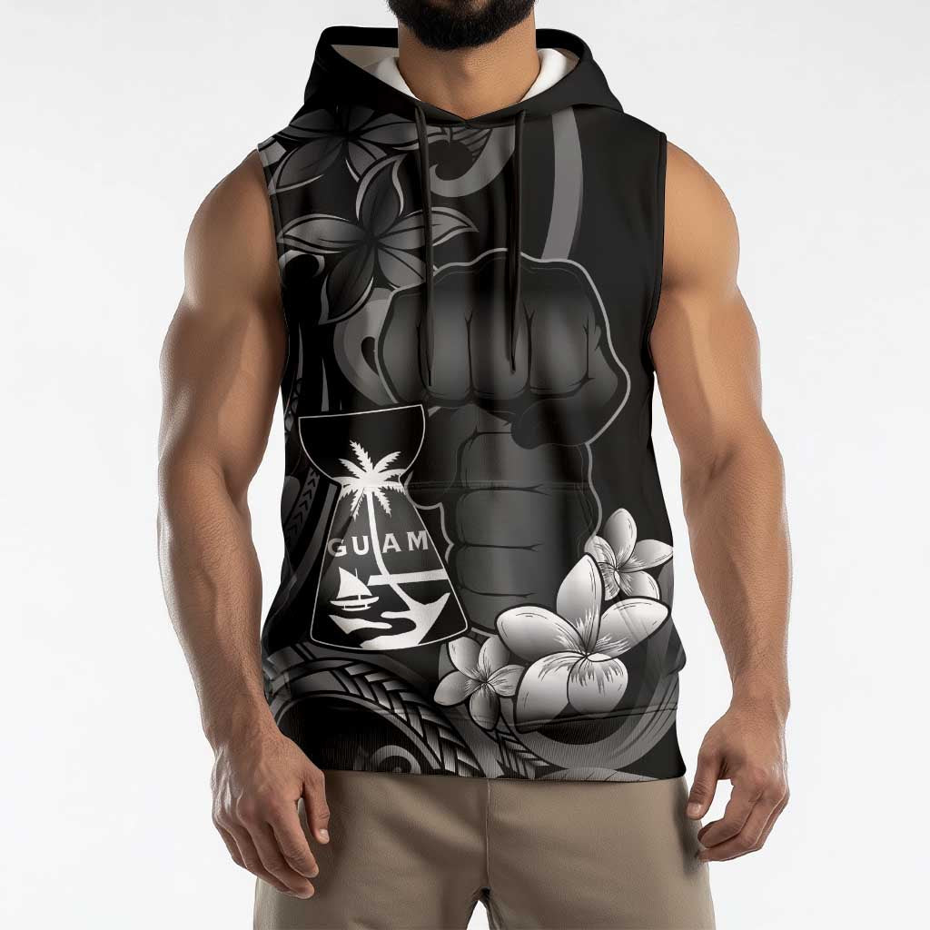 Black Hafa Adai Guam Sleeveless Hoodie Chamorro Latte Stone Hand With Plumeria - Polynesian Pride