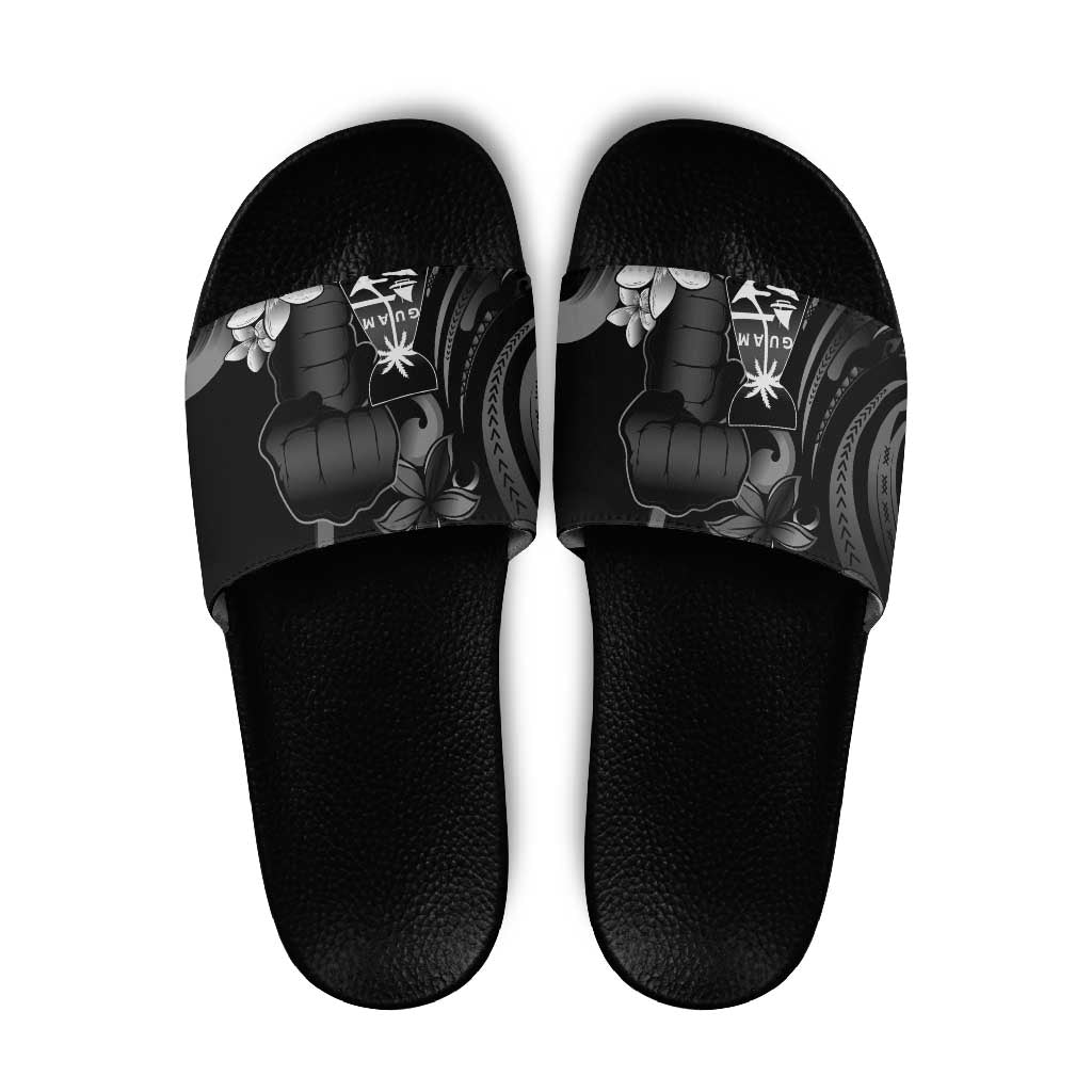 Black Hafa Adai Guam Slide Sandals Chamorro Latte Stone Hand With Plumeria - Polynesian Pride