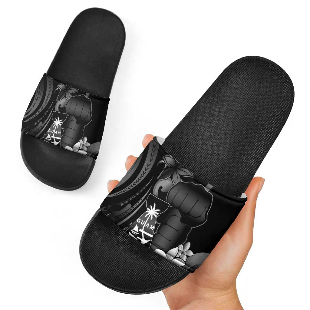 Black Hafa Adai Guam Slide Sandals Chamorro Latte Stone Hand With Plumeria - Polynesian Pride