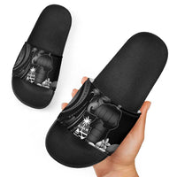 Black Hafa Adai Guam Slide Sandals Chamorro Latte Stone Hand With Plumeria - Polynesian Pride