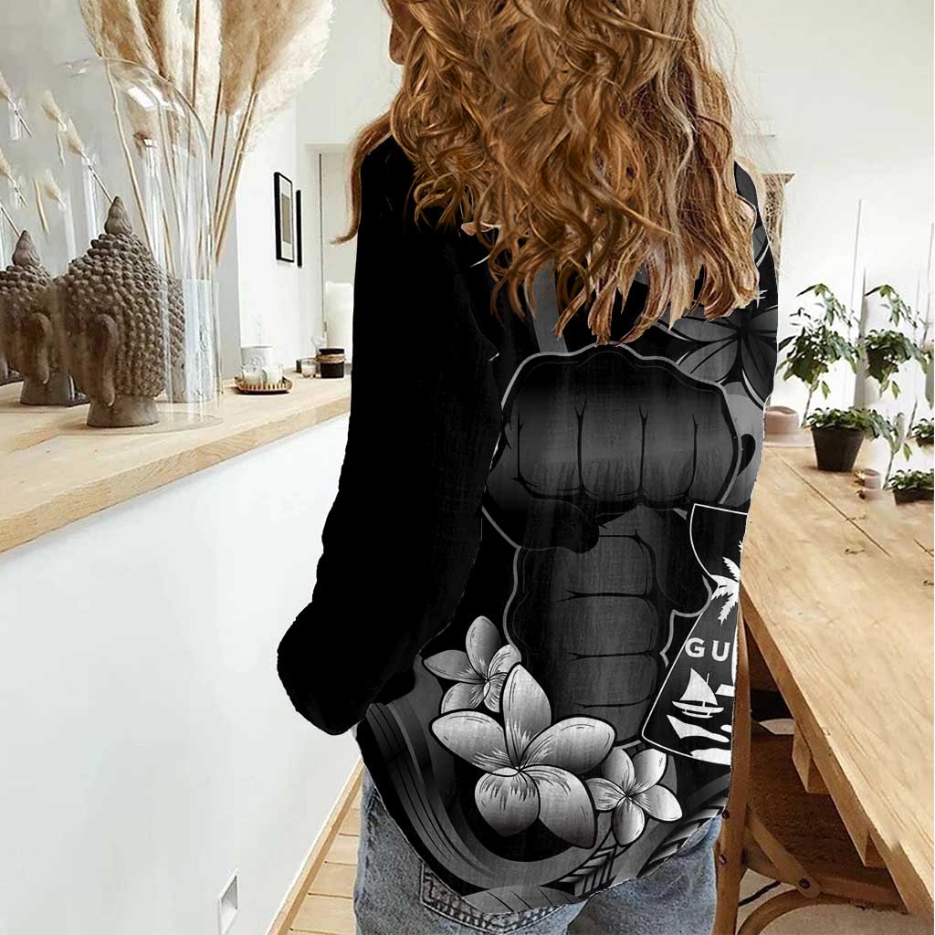 Black Hafa Adai Guam Women Casual Shirt Chamorro Latte Stone Hand With Plumeria