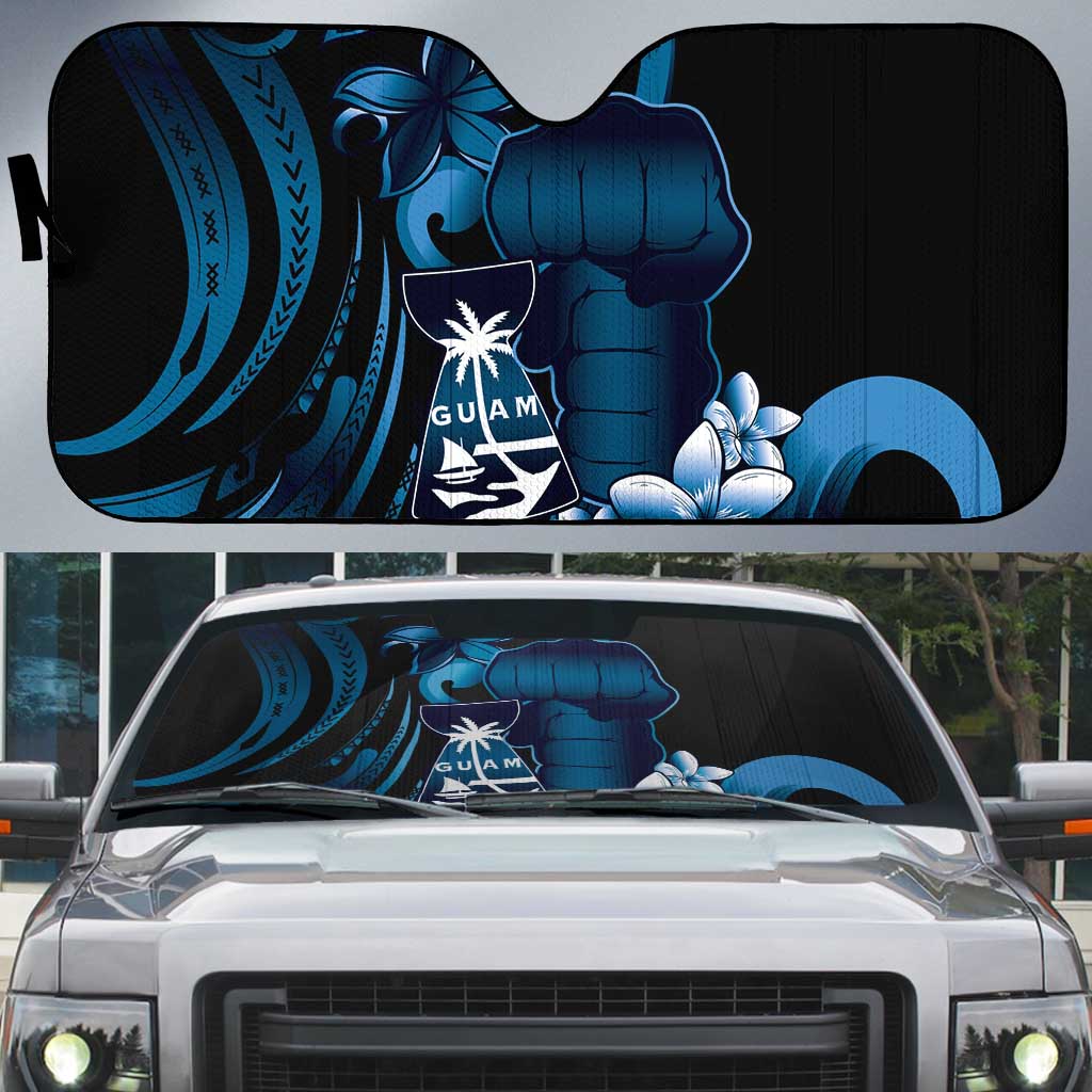 Blue Hafa Adai Guam Auto Sun Shade Chamorro Latte Stone Hand With Plumeria - Polynesian Pride