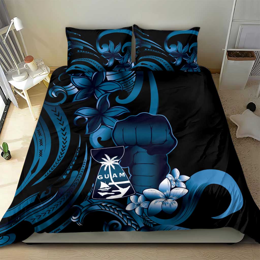 Blue Hafa Adai Guam Bedding Set Chamorro Latte Stone Hand With Plumeria