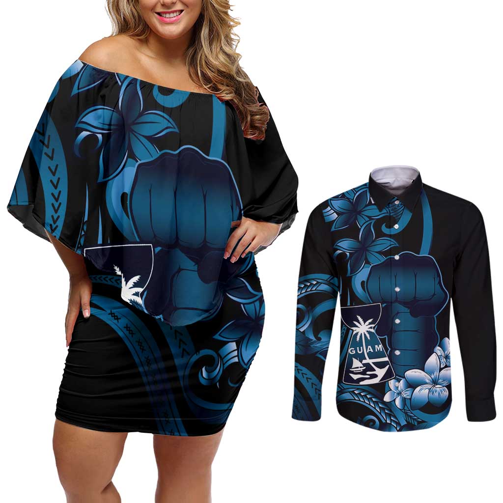Blue Hafa Adai Guam Couples Matching Off Shoulder Short Dress and Long Sleeve Button Shirt Chamorro Latte Stone Hand With Plumeria