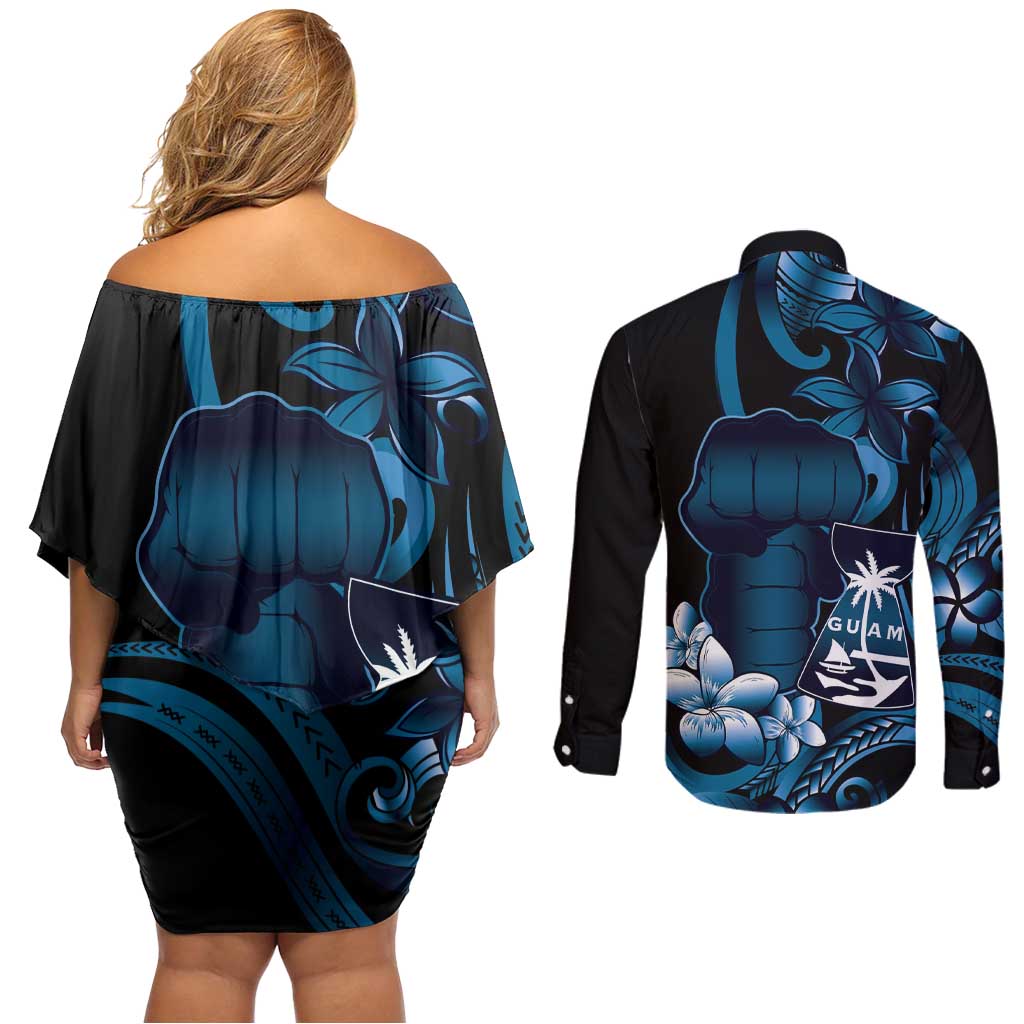 Blue Hafa Adai Guam Couples Matching Off Shoulder Short Dress and Long Sleeve Button Shirt Chamorro Latte Stone Hand With Plumeria