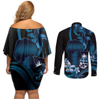 Blue Hafa Adai Guam Couples Matching Off Shoulder Short Dress and Long Sleeve Button Shirt Chamorro Latte Stone Hand With Plumeria