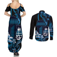 Blue Hafa Adai Guam Couples Matching Summer Maxi Dress and Long Sleeve Button Shirt Chamorro Latte Stone Hand With Plumeria