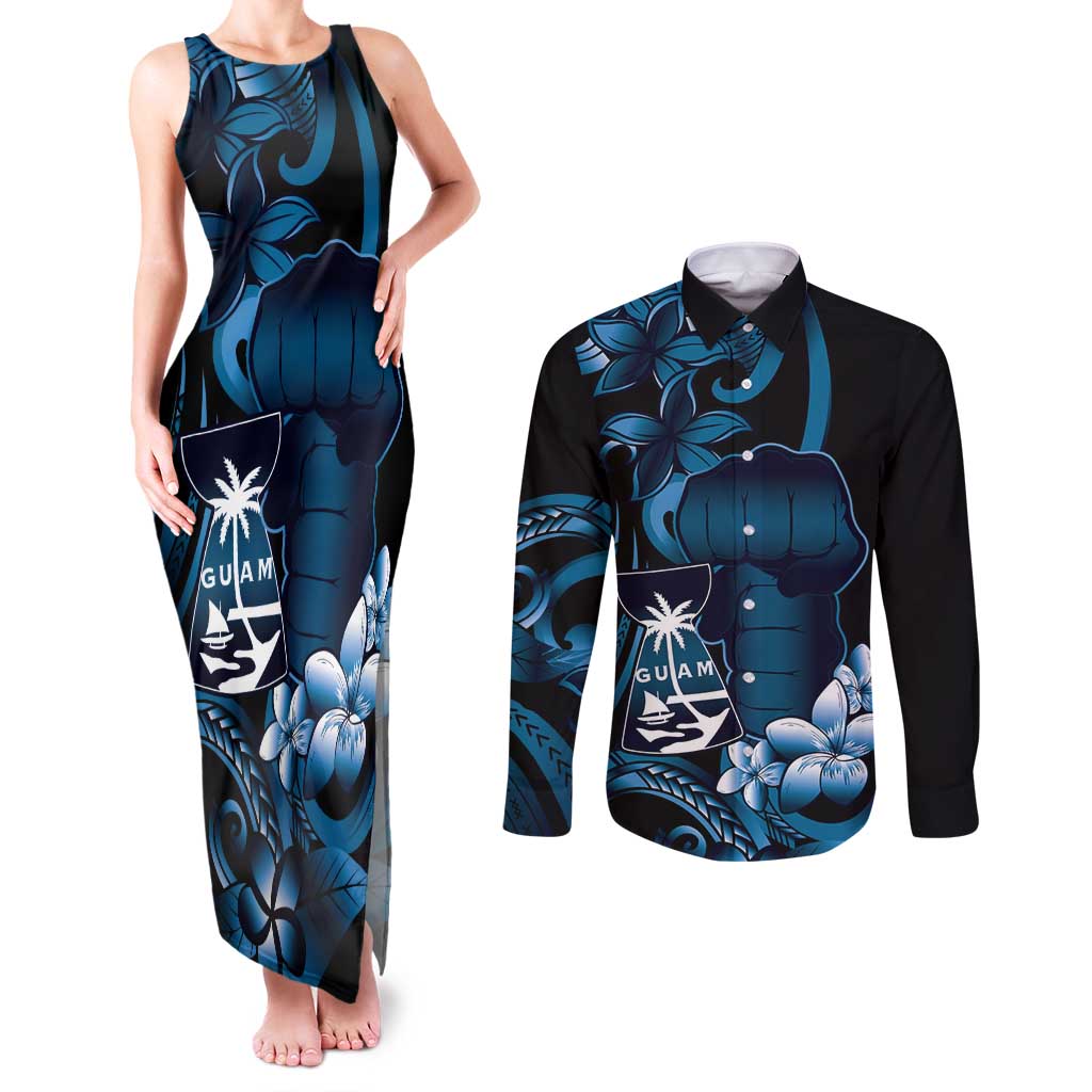 Blue Hafa Adai Guam Couples Matching Tank Maxi Dress and Long Sleeve Button Shirt Chamorro Latte Stone Hand With Plumeria