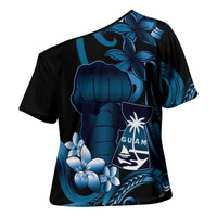 Blue Hafa Adai Guam Cross Shoulder Shirt Chamorro Latte Stone Hand With Plumeria - Polynesian Pride