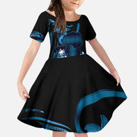 Blue Hafa Adai Guam Family Matching Off The Shoulder Long Sleeve Dress and Hawaiian Shirt Chamorro Latte Stone Hand With Plumeria LT14 Daughter's Dress Blue - Polynesian Pride