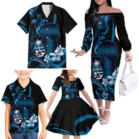 Blue Hafa Adai Guam Family Matching Off The Shoulder Long Sleeve Dress and Hawaiian Shirt Chamorro Latte Stone Hand With Plumeria LT14 - Polynesian Pride