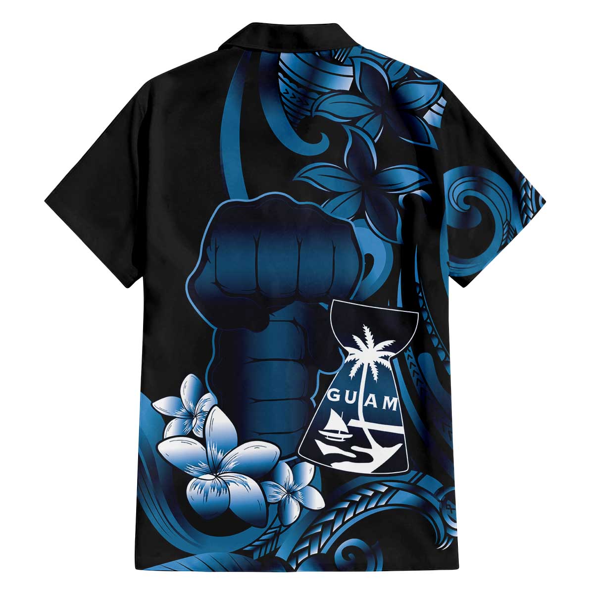Blue Hafa Adai Guam Family Matching Off The Shoulder Long Sleeve Dress and Hawaiian Shirt Chamorro Latte Stone Hand With Plumeria LT14 - Polynesian Pride