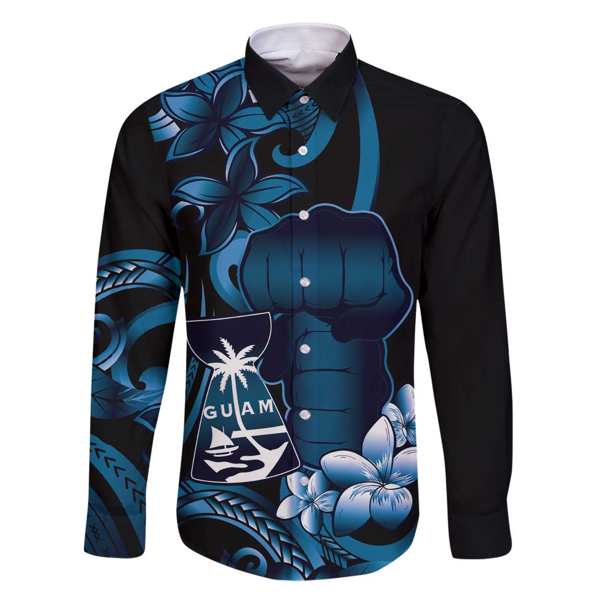 Blue Hafa Adai Guam Family Matching Off The Shoulder Long Sleeve Dress and Hawaiian Shirt Chamorro Latte Stone Hand With Plumeria LT14 Dad's Shirt - Long Sleeve Blue - Polynesian Pride