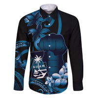 Blue Hafa Adai Guam Family Matching Off The Shoulder Long Sleeve Dress and Hawaiian Shirt Chamorro Latte Stone Hand With Plumeria LT14 Dad's Shirt - Long Sleeve Blue - Polynesian Pride