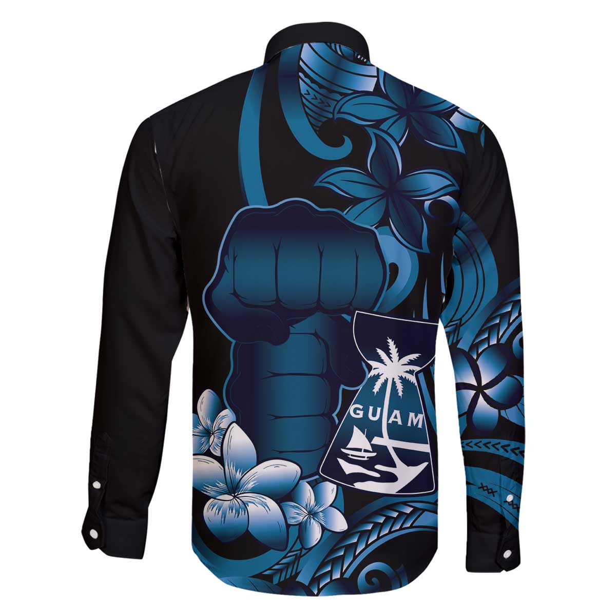 Blue Hafa Adai Guam Family Matching Off The Shoulder Long Sleeve Dress and Hawaiian Shirt Chamorro Latte Stone Hand With Plumeria LT14 - Polynesian Pride