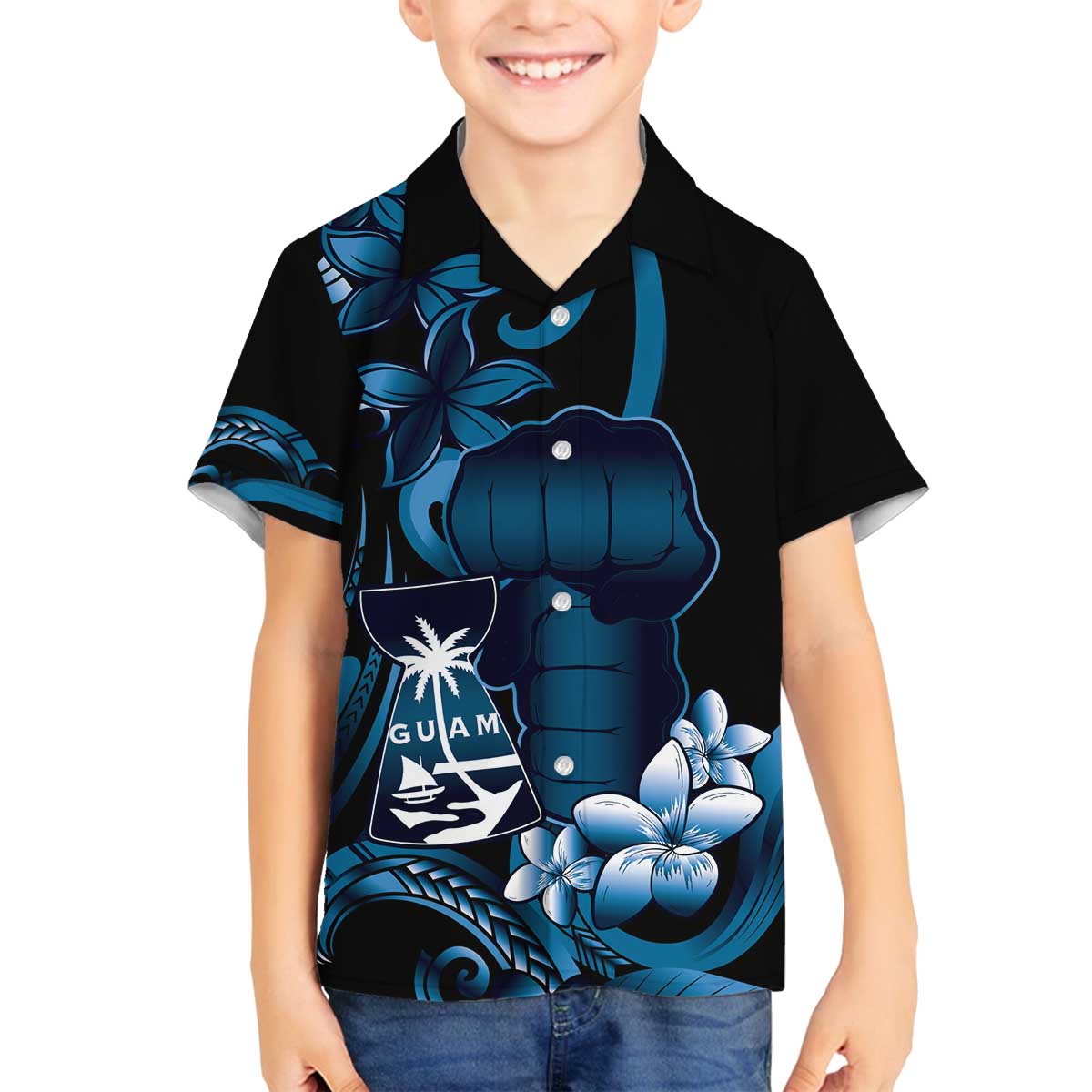 Blue Hafa Adai Guam Family Matching Off The Shoulder Long Sleeve Dress and Hawaiian Shirt Chamorro Latte Stone Hand With Plumeria LT14 Son's Shirt Blue - Polynesian Pride