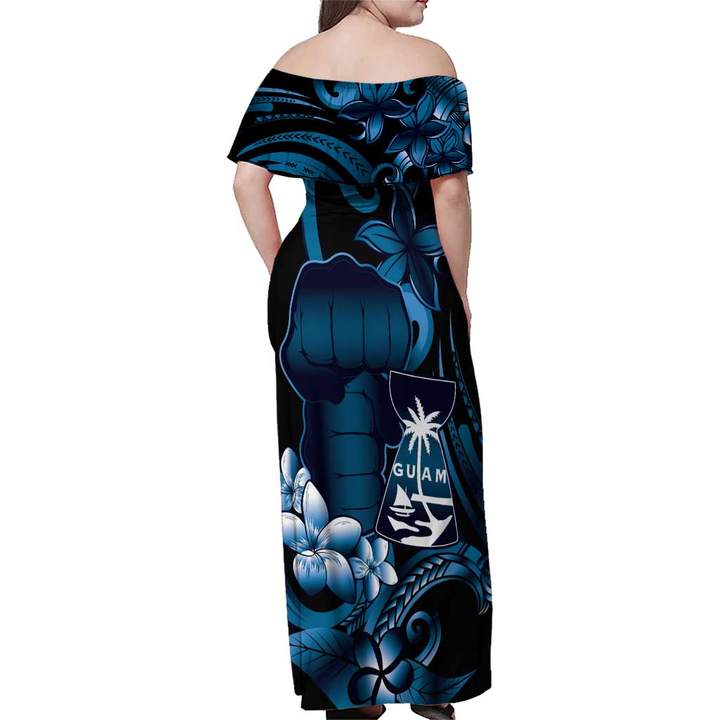 Blue Hafa Adai Guam Family Matching Off Shoulder Maxi Dress and Hawaiian Shirt Chamorro Latte Stone Hand With Plumeria LT14 - Polynesian Pride