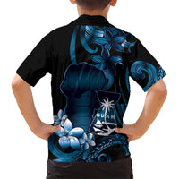 Blue Hafa Adai Guam Family Matching Off Shoulder Short Dress and Hawaiian Shirt Chamorro Latte Stone Hand With Plumeria LT14 - Polynesian Pride