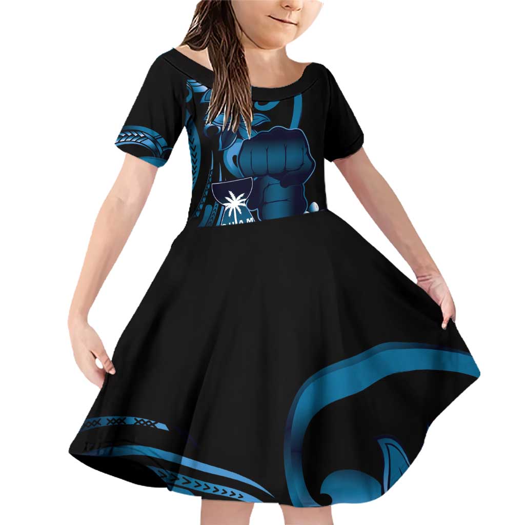 Blue Hafa Adai Guam Family Matching Off Shoulder Short Dress and Hawaiian Shirt Chamorro Latte Stone Hand With Plumeria LT14 Daughter's Dress Blue - Polynesian Pride