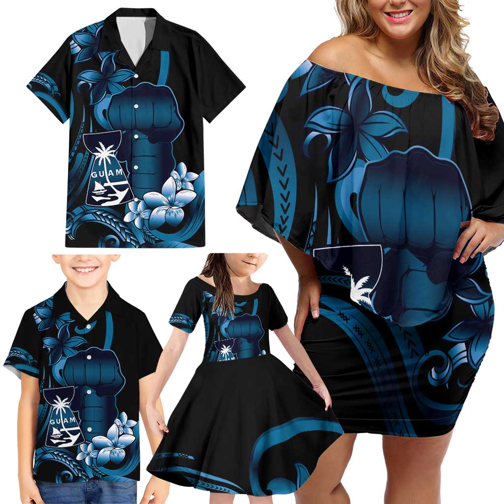 Blue Hafa Adai Guam Family Matching Off Shoulder Short Dress and Hawaiian Shirt Chamorro Latte Stone Hand With Plumeria LT14 - Polynesian Pride