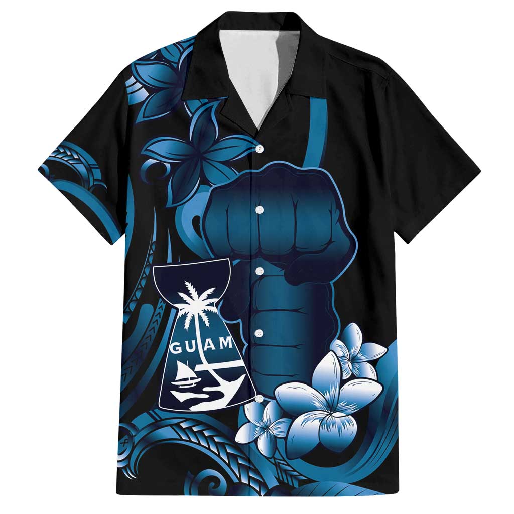 Blue Hafa Adai Guam Family Matching Off Shoulder Short Dress and Hawaiian Shirt Chamorro Latte Stone Hand With Plumeria LT14 Dad's Shirt - Short Sleeve Blue - Polynesian Pride