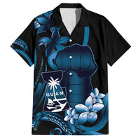 Blue Hafa Adai Guam Family Matching Off Shoulder Short Dress and Hawaiian Shirt Chamorro Latte Stone Hand With Plumeria LT14 Dad's Shirt - Short Sleeve Blue - Polynesian Pride