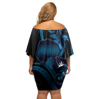 Blue Hafa Adai Guam Family Matching Off Shoulder Short Dress and Hawaiian Shirt Chamorro Latte Stone Hand With Plumeria LT14 - Polynesian Pride