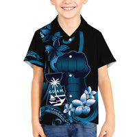 Blue Hafa Adai Guam Family Matching Off Shoulder Short Dress and Hawaiian Shirt Chamorro Latte Stone Hand With Plumeria LT14 Son's Shirt Blue - Polynesian Pride