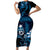 Blue Hafa Adai Guam Family Matching Short Sleeve Bodycon Dress and Hawaiian Shirt Chamorro Latte Stone Hand With Plumeria